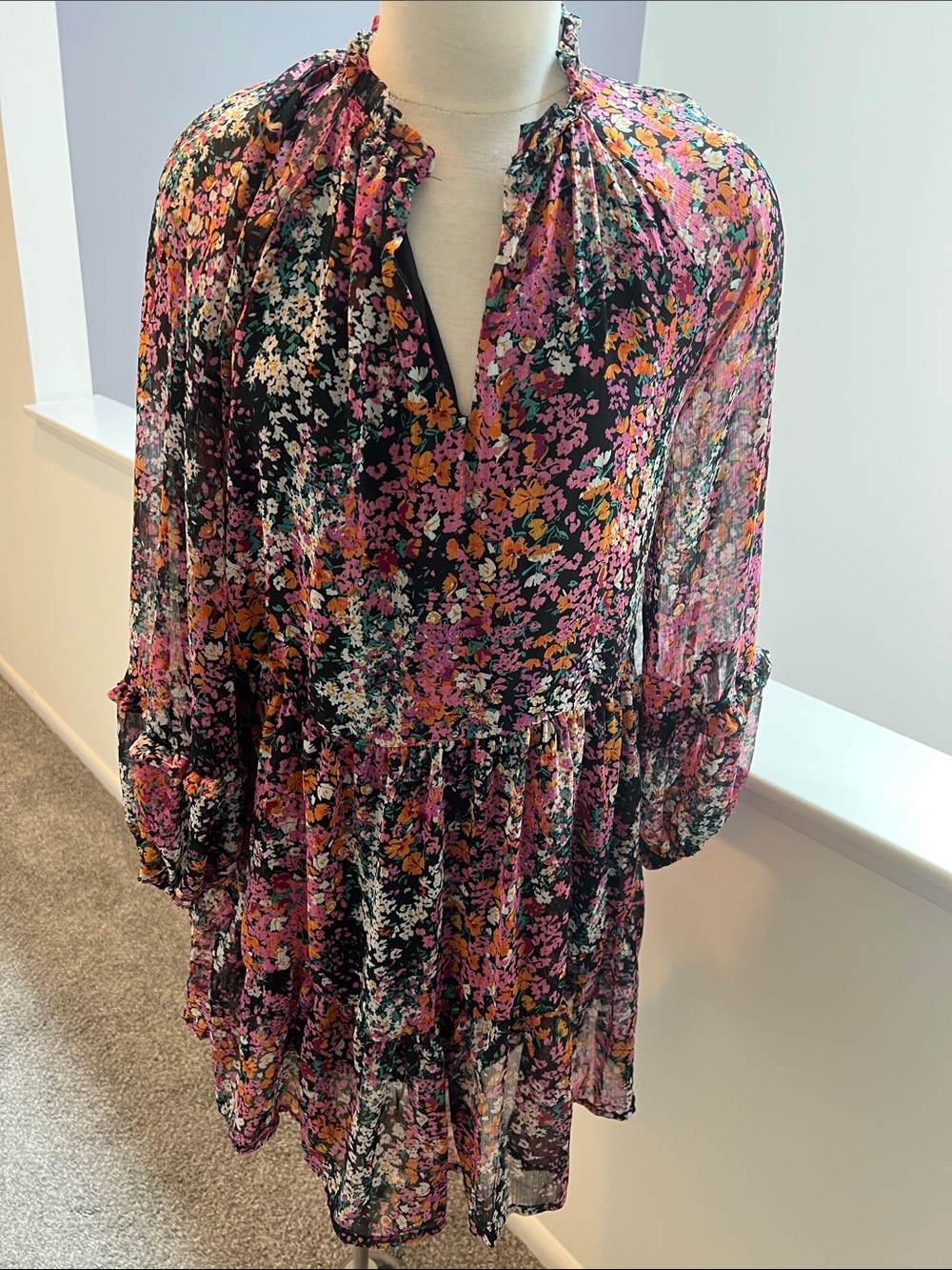 Vince Camuto Black Floral Sheer Tiered Mini Dress with Pink and Yellow Flowers